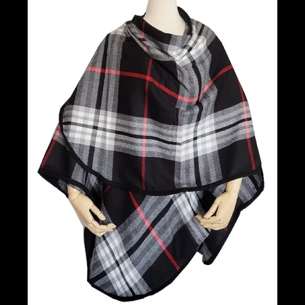 V. Fraas Plaid Rounded Ruana NEW BLACK